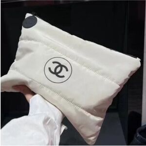 CHANEL Cream Quilted Logo Pouch